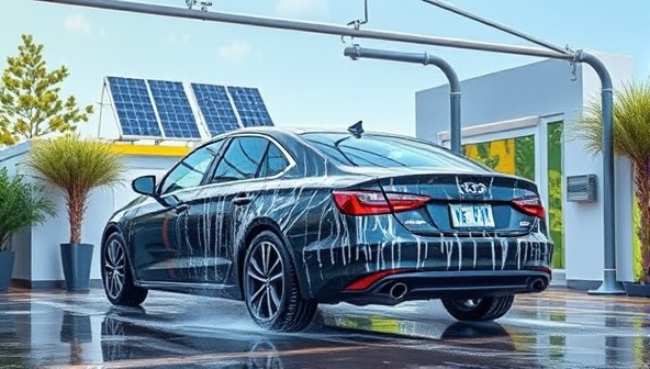 An image of a car being washed in a vibrant, eco-friendly car wash facility with solar panels and water recycling systems in the background, showcasing sustainability and modernity in car care.