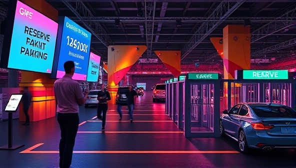 An artistic representation of a busy event venue with digital screens displaying available parking spaces, guests using the mobile app to reserve spots, and automated gates opening for vehicles, illustrating the efficiency and convenience of the EventPark IQ smart parking system in action.
