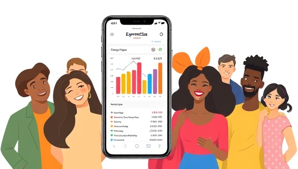 An illustration of a smartphone screen displaying the ExpenseEase app interface with colorful graphs and charts representing expense categories, surrounded by a diverse group of happy users managing their finances effortlessly.