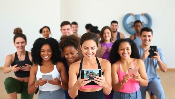 A diverse group of people of different ages and backgrounds participating in a virtual fitness class together, each following the instructor's movements on their devices, showcasing inclusivity and engagement.
