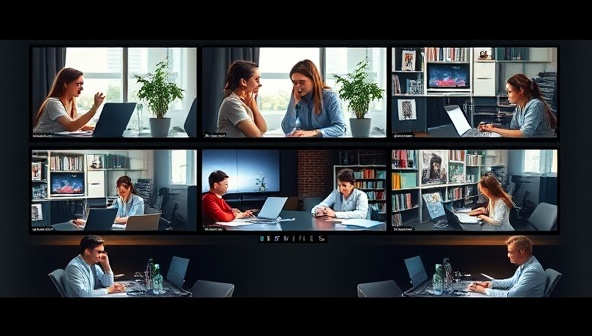 An engaging virtual study room environment with multiple screens showing students from different locations studying together, sharing notes, and discussing academic topics, creating a collaborative and supportive virtual study atmosphere.