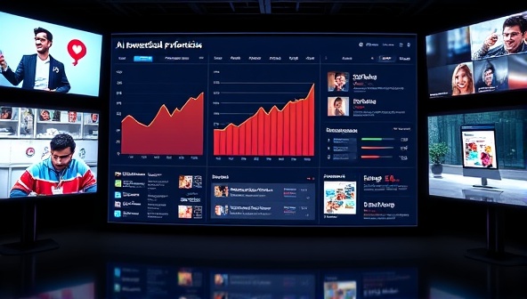 An AI-powered dashboard displaying real-time social media performance metrics and recommendations, surrounded by digital screens showing engaging social media content, illustrating the platform's advanced analytics and insights.