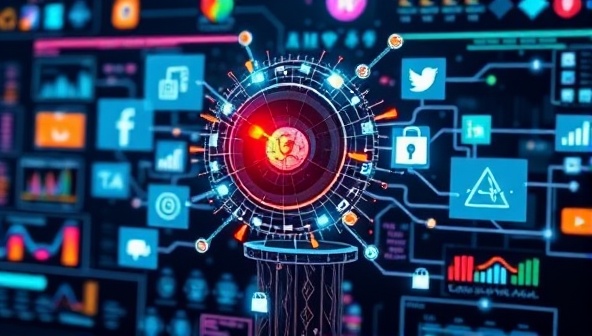 A visually striking image of a futuristic AI interface analyzing social media data and generating personalized content strategies for various platforms, symbolizing innovation and efficiency.