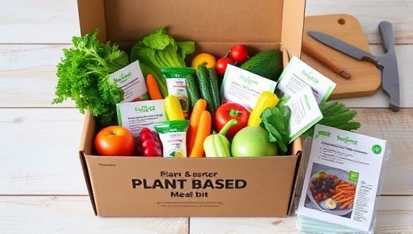 An appetizing image of a neatly arranged plant-based meal kit box filled with colorful fresh produce, labeled ingredients, and recipe cards, with a chef's knife and cutting board in the background, exemplifying convenience and culinary creativity in plant-based cooking.