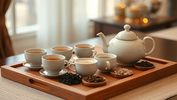 An elegant tea ceremony setup with a collection of tea cups, teapots, and assorted tea leaves displayed on a wooden tray, accompanied by a soothing ambiance and soft lighting, capturing the essence of a luxurious tea tasting experience.