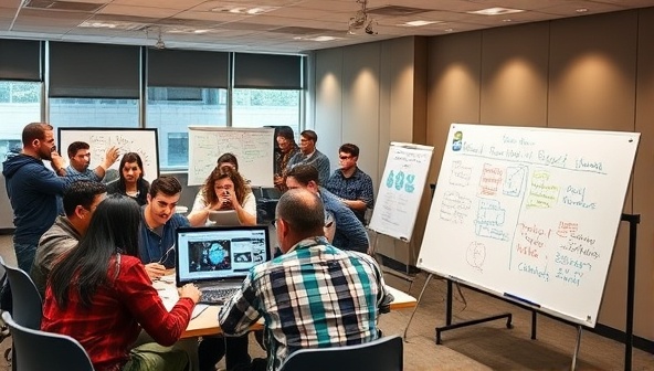 An energetic workshop setting with participants huddled around computers, sketching wireframes on whiteboards, and engaging in lively discussions, reflecting a dynamic and collaborative learning environment.