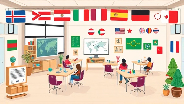 An engaging language learning community platform design featuring virtual language classrooms, interactive study groups, global language flags, and diverse cultural elements, creating a vibrant and inclusive space for language enthusiasts to connect, learn, and practice together.