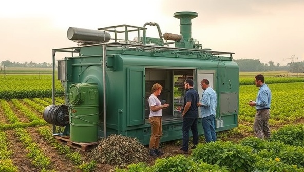 An innovative upcycling machine transforming agricultural waste into biodegradable packaging materials, with farmers and technology experts collaborating on-site, showcasing the transformative impact of ReGen FarmTech's solutions on agricultural sustainability.