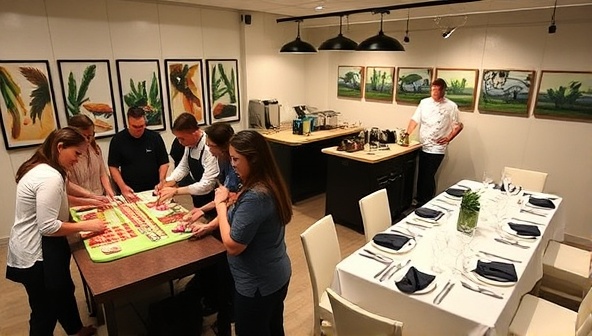 An interactive culinary studio setting with guests participating in a sushi-making class, a chef demonstrating knife skills at a cooking station, and a beautifully set dining table for a multi-course dinner event, highlighting the engaging and hands-on experience at Gourmet Fusion Studio.