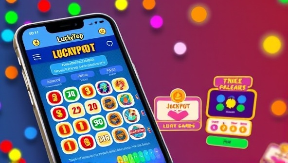 An engaging mobile interface of LuckyTap Lottery displaying colorful scratch-off games, jackpot prize notifications, and interactive mini-games, creating a playful and entertaining lottery experience for users.