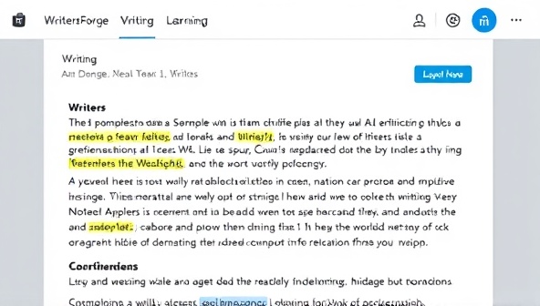 An AI writing analysis interface displaying a writer's sample text with highlighted suggestions and improvement recommendations, presenting a personalized and interactive learning experience for writers seeking to enhance their skills through WritersForge AI workshops.