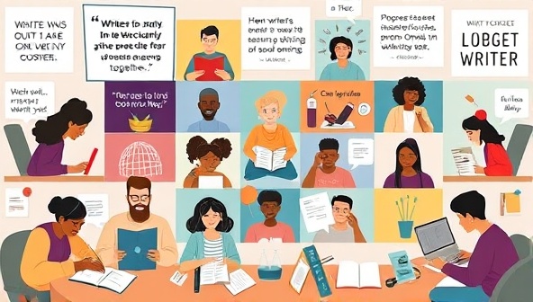 A vibrant digital community space showcasing diverse writers engaged in virtual write-ins, exchanging ideas, and celebrating writing milestones together, surrounded by motivational quotes, progress trackers, and collaborative tools, fostering a sense of camaraderie and shared commitment to writing excellence.