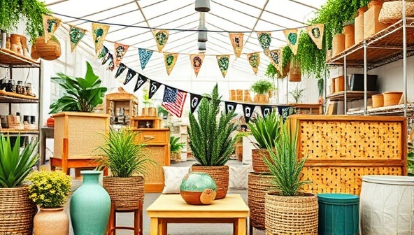 An artistic representation of a virtual home goods swap event, showcasing diverse eco-friendly products being exchanged between users in a vibrant online marketplace setting, highlighting sustainability and community engagement.