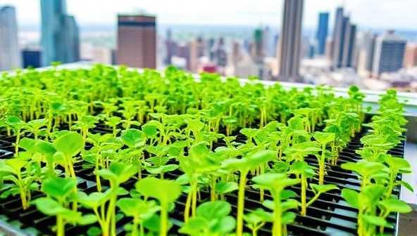 An urban rooftop garden filled with vibrant microgreens, with a city skyline in the background, symbolizing freshness and sustainability in an urban setting.