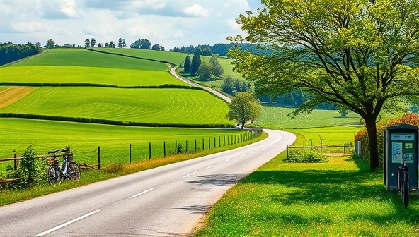An idyllic rural landscape with lush green fields, a winding road, and a bike-sharing station under a shady tree, inviting viewers to explore the countryside on two wheels and enjoy the beauty of nature.