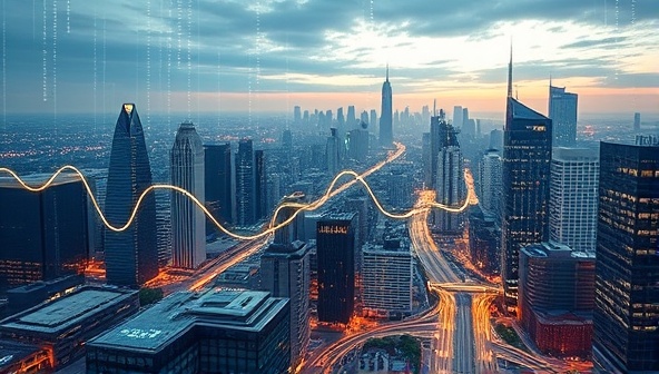 A futuristic cityscape with data streams and digital patterns overlaid, symbolizing the integration of data analytics into government operations for smarter decision-making and improved public services.