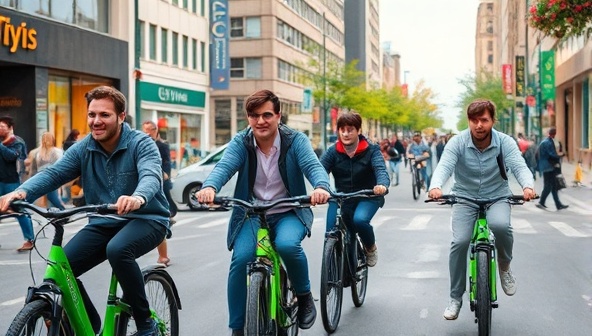 An image of a group of commuters riding electric bikes through a bustling city street, showcasing the convenience and eco-friendly nature of the E-Bike Commute Club subscription service, with vibrant urban scenery in the background.
