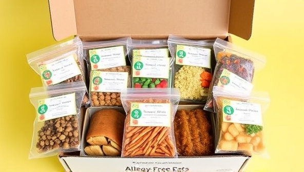 An appealing meal subscription box presentation from Allergy-Free Eats showcasing a variety of allergen-free dishes neatly packed with personalized labels, allergen symbols, and vibrant colors, demonstrating safety, variety, and convenience in specialized dining options.