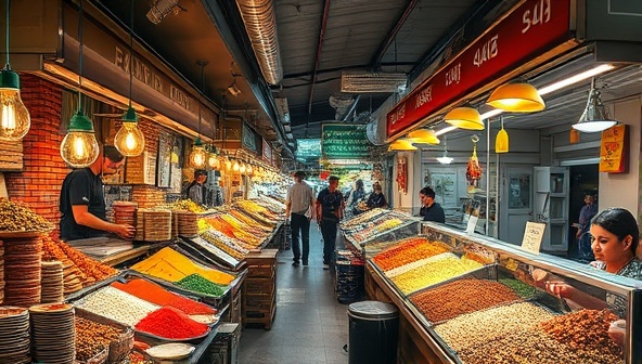 An enticing image of a bustling food market with colorful stalls, aromatic spices, and diverse street food offerings, capturing the essence of culinary exploration and the vibrancy of TasteVentures experiences.