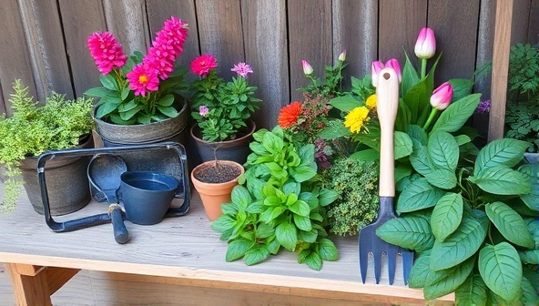 An assortment of lush green plants, gardening tools, and colorful flowers arranged on a rustic wooden table, evoking a sense of serenity and natural beauty in a garden setting.