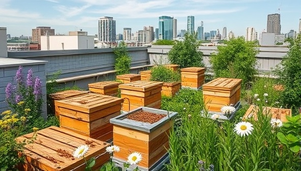 An urban rooftop garden with beehives buzzing with activity, surrounded by lush greenery and blooming flowers, showcasing the harmony of nature and urban living in a sustainable ecosystem.