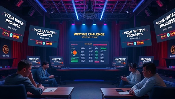 An artistic representation of a virtual writing challenge arena where writers engage in a friendly competition, surrounded by glowing screens displaying creative prompts, word counts, and a leaderboard, evoking a sense of excitement and community spirit.