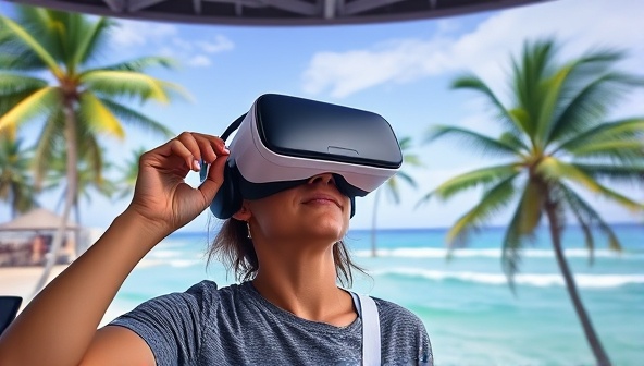 An immersive VR setup with a user wearing a VR headset, exploring a digital recreation of a scenic beach destination, surrounded by virtual palm trees and ocean waves, capturing the essence of virtual travel experiences.