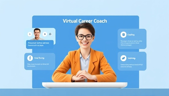 An online platform interface showing a user receiving personalized career advice from a virtual career coach, with interactive tools for resume building, interview practice, and job search strategies, creating a supportive and empowering career development experience.