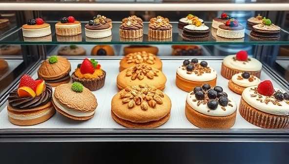 An elegant display case filled with an assortment of beautifully crafted plant-based protein pastries and treats, adorned with fresh fruits and nuts, exuding a sense of decadence and healthfulness at Protein Patisserie.