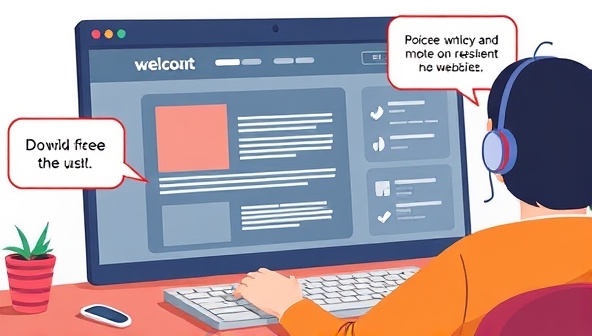 An illustration of a website interface with voice command icons and speech bubbles, showing a user interacting with the website content using voice controls, emphasizing the hands-free and user-friendly nature of VoiceVibe Design Co.'s services.