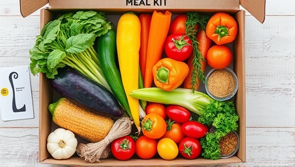 An artistic composition of colorful fresh vegetables, herbs, and spices arranged neatly in a meal kit box, symbolizing freshness, customization, and healthy eating.