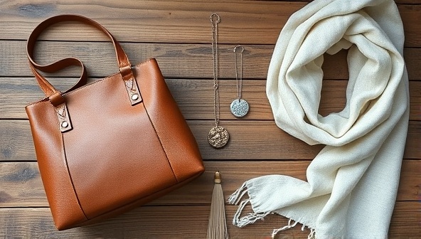 An aesthetically pleasing flat lay of sustainable fashion accessories, including a vegan leather handbag, recycled metal jewelry pieces, and an organic cotton scarf, arranged on a rustic wooden background, highlighting the elegance and eco-friendly nature of the accessories.