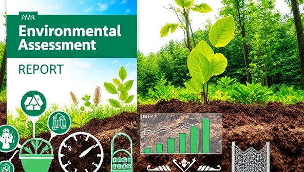 An environmental assessment report cover page design featuring eco-friendly imagery, data graphs, and sustainability icons, conveying professionalism and environmental stewardship in mining practices.