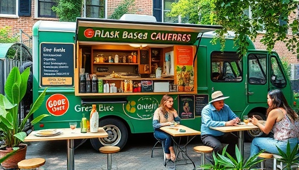 A vibrant mobile cafe setup with a colorful menu board featuring plant-based beverages and snacks, customers enjoying their meals at outdoor tables, lush greenery surrounding the mobile cafe, and a lively atmosphere capturing the essence of the Green Bean Mobile Cafe's eco-friendly and delicious offerings.