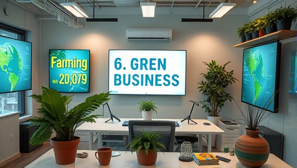 An office environment with digital screens displaying environmental data and green business strategies, surrounded by plant decorations and recycled materials, symbolizing sustainability and eco-friendly consulting services.