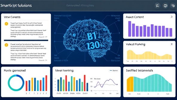 An AI interface displaying various content formats being generated in real-time, with colorful graphs showing performance metrics and satisfied client testimonials, illustrating the efficiency and innovation of SmartScript Solutions.