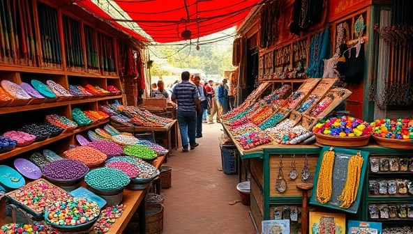 An image of a vibrant marketplace setting with displays of colorful gemstones, handmade jewelry pieces, and artisanal mining tools, creating a visually appealing and socially conscious atmosphere.