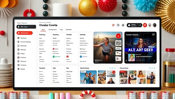 An online event dashboard displaying a virtual event schedule, vendor contacts, and event themes, with a background of festive decorations and party supplies, showcasing the virtual event planning service in a dynamic and celebratory setting.