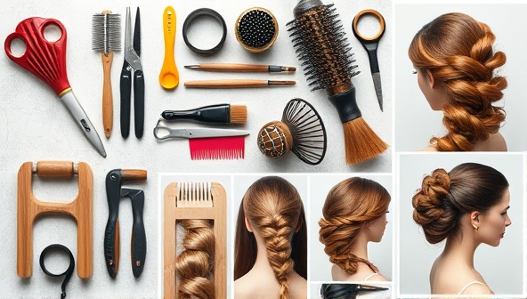An artistic collage showcasing different hairstyling tools and accessories, alongside images of beautifully styled hair in various designs and textures, illustrating the creativity and skill involved in the virtual workshops.