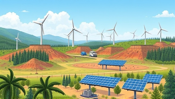 An illustration showing a mining site with solar panels and wind turbines integrated into the landscape, alongside lush greenery and clear skies, symbolizing the harmony between mining operations and nature.