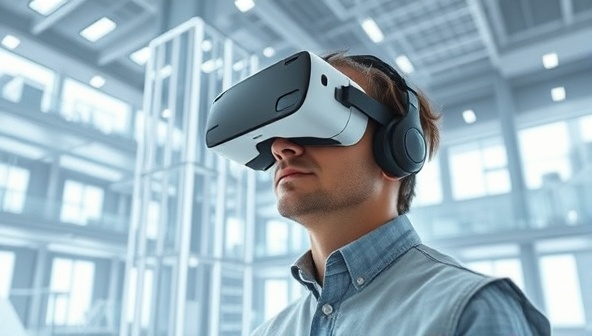 An architect wearing a VR headset, exploring a virtual representation of a building design, with digital blueprints floating around them in a futuristic, high-tech environment.