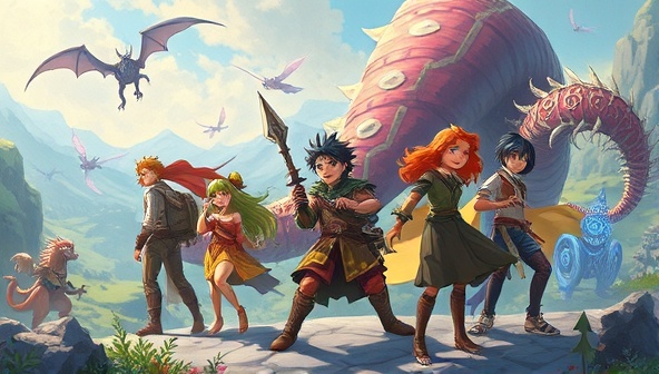 An illustration of a diverse group of characters engaging in a fantasy adventure, surrounded by magical landscapes and mysterious creatures, capturing the essence of interactive storytelling and imaginative gameplay.