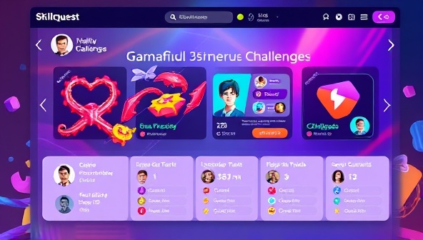 An interactive platform interface displaying gamified recruitment challenges, colorful animations, and leaderboards, creating a dynamic and engaging environment that sets SkillQuest Recruitment apart in the recruitment industry.