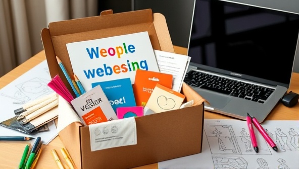 A subscription box filled with colorful web design tools, creative materials, and tutorials, displayed on a desk alongside a laptop and sketches, inspiring a DIY enthusiast to embark on a web design journey from the comfort of their home.