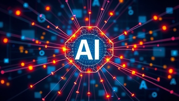 An abstract representation of AI technology with interconnected nodes and data streams, symbolizing efficiency and intelligence in social media scheduling.