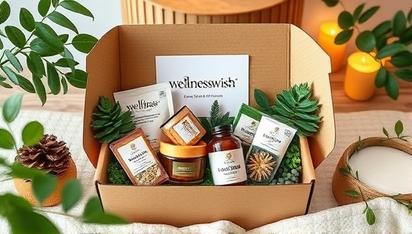 An inviting image of a WellnessWish Box filled with wellness goodies and self-care treats, surrounded by greenery and natural elements, creating a cozy and luxurious wellness experience for subscribers, promoting relaxation and joy in each curated box.