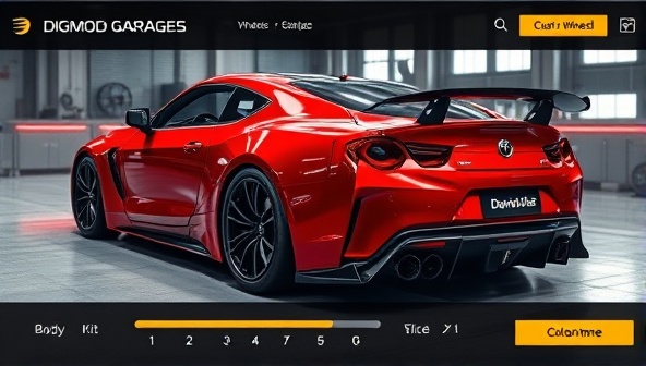 An immersive digital rendering of a sports car undergoing a virtual customization process, with interactive sliders for modifying body kits, wheels, and colors, creating a dynamic and visually appealing experience on Digimod Garage's online platform.