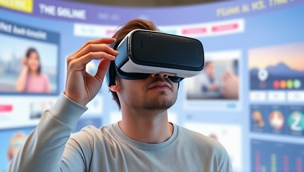 An individual wearing a VR headset and exploring a virtual representation of a website environment, surrounded by interactive elements and immersive visuals, illustrating the concept of personalized VR web experiences.