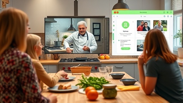 An engaging virtual cooking class scene with a chef demonstrating a cooking technique on a live stream, participants following along in their own kitchens, ingredients neatly arranged, and a digital interface displaying step-by-step instructions, capturing the essence of interactive online culinary learning.