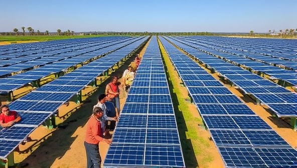 A sprawling solar farm with rows of solar panels under a clear sky, surrounded by diverse community members participating in a cooperative meeting, symbolizing shared investment in clean energy and community empowerment.